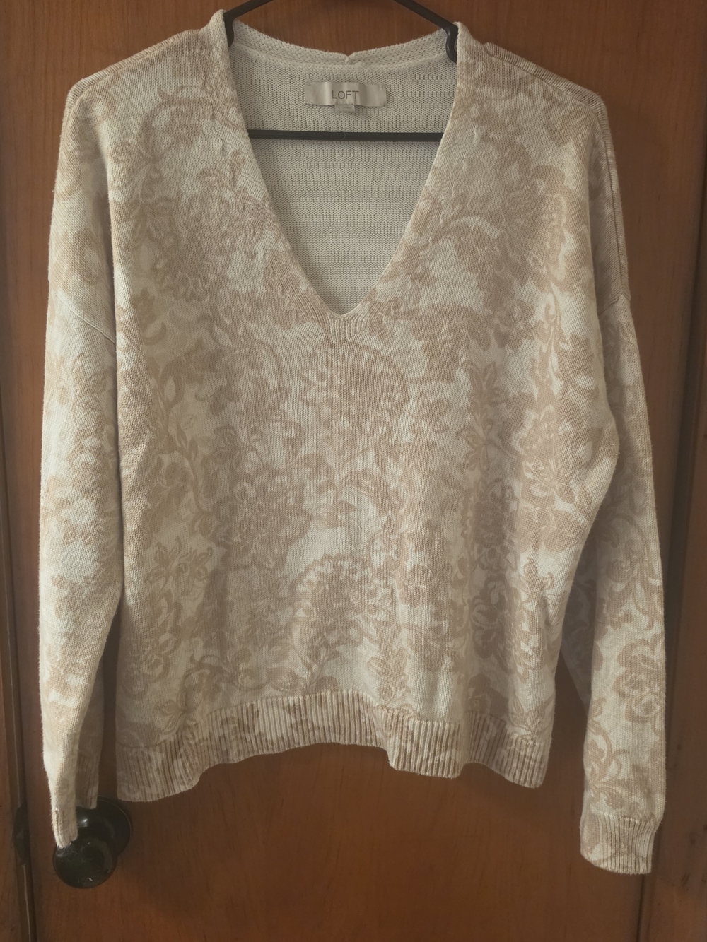 LOFT V-Neck Floral Jacquard Sweater in Cream and Beige